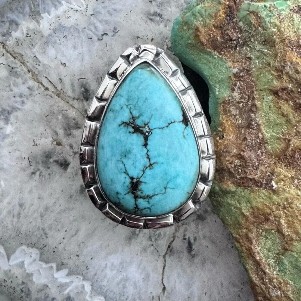 Sterling Southwestern Style Teardrop Tibetan Turquoise Ring Size 7.75 For Women